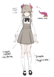 1girl blonde_hair crystal_horns dress english_text full_body hair_between_eyes highres looking_at_viewer low_twintails neck_ribbon original overall_skirt ribbon sandals school_uniform shirt short_dress simple_background sleeve_cuffs smile socks solo twintails white_background white_shirt white_socks yellow_dress yoimon