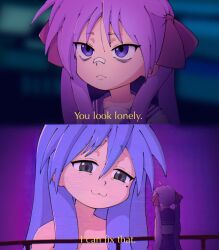 2girls blade_runner_2049 blue_hair green_eyes highres hiiragi_kagami izumi_konata lucky_star meme mole mole_under_eye multiple_girls nude prizraktoski purple_hair scene_reference science_fiction you_look_lonely_(meme)