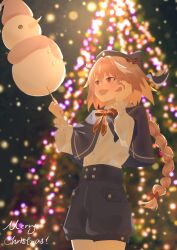 1boy absurdres astolfo_(angel_breath)_(fate) astolfo_(fate) blue_hat blue_shorts bow bowtie braid christmas christmas_lights christmas_tree cotton_candy fang fate/apocrypha fate/grand_order fate_(series) food french_clothes hair_between_eyes hair_intakes hat highres holding holding_cotton_candy holding_food just_we long_braid long_hair male_focus merry_christmas multicolored_hair official_alternate_costume open_mouth pink_hair puffy_sleeves purple_eyes red_bow red_bowtie shirt shorts single_braid skin_fang smile snowing snowman solo streaked_hair trap white_shirt