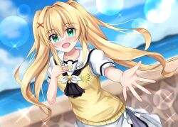 1girl :d ascot black_ascot blonde_hair blue_sky blurry blurry_background blush commentary_request cowboy_shot day dutch_angle eyes_visible_through_hair floating_hair green_eyes hair_between_eyes hair_intakes hair_ornament hand_up happy highres long_hair looking_at_viewer minatoto ocean open_mouth outdoors outstretched_hand puffy_short_sleeves puffy_sleeves reaching reaching_towards_viewer ribbon sailor_collar school_uniform serafuku shirt short_sleeves sidelocks skirt sky smile solo sparkle summer_pockets summer_pockets_school_uniform sweater_vest tsumugi_wenders white_ribbon white_sailor_collar white_serafuku white_shirt white_skirt x_hair_ornament yellow_sweater_vest