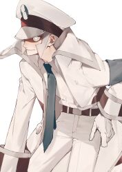 1boy absurdres belt belt_buckle black_belt blue_necktie buckle ccf2q closed_mouth coat collared_coat collared_shirt emmet_(pokemon) feet_out_of_frame gloves grey_hair hand_on_own_hip hat highres long_sleeves looking_up male_focus necktie nintendo open_clothes open_coat pants peaked_cap pokemon pokemon_bw sanpaku shirt shirt_tucked_in short_hair sideburns simple_background sleeve_cuffs smile solo white_background white_coat white_eyes white_gloves white_hat white_pants white_shirt white_theme wing_collar