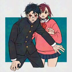 1boy 1girl ayase_momo black_choker black_hair black_jacket black_pants blue_skirt blush bow bowtie brown_eyes brown_hair buttons choker collared_shirt commentary cowboy_shot cropped_legs dandadan earrings facial_mark gakuran glasses hair_between_eyes jacket jewelry k_ysd001 long_sleeves looking_at_viewer loose_bowtie miniskirt open_mouth pants pink_sweater pleated_skirt protecting red_bow red_bowtie red_eyes round_eyewear school_uniform shirt short_hair skirt sweater takakura_ken_(dandadan) white_shirt