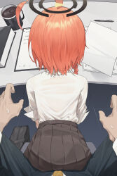 1boy 1girl absurdres ahoge black_skirt blue_archive braid chirpy coffee commentary cup facing_away halo hetero highres mug neru_(blue_archive) neru_(school_uniform)_(blue_archive) official_alternate_costume orange_hair pleated_skirt pov pov_hands sensei_(blue_archive) shirt shirt_tucked_in short_hair single_braid sitting sitting_on_person skirt sweatdrop white_shirt