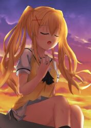 1girl :o ascot backlighting black_ascot blonde_hair blush closed_eyes commentary_request feet_out_of_frame floating_hair hair_intakes hair_ornament hand_up long_hair miniskirt mu-chu music open_mouth orange_skirt outdoors sailor_collar school_uniform serafuku shirt short_sleeves sidelocks singing sitting skirt solo summer_pockets summer_pockets_school_uniform sunset sweater_vest tsumugi_wenders twintails white_sailor_collar white_serafuku white_shirt white_skirt x_hair_ornament yellow_sweater_vest