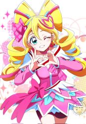Rule 34 | 1girl, blonde hair, blush, breasts, brooch, color connection, cosplay, cure heart, cure heart (cosplay), cure idol, dokidoki! precure, dress, earrings, four-finger heart hands, gradient background, green eyes, hair bun, hair ornament, heart, heart brooch, heart earrings, heart hair bun, heart hair ornament, heart hands, highres, idol heart brooch, jewelry, kimi to idol precure, long hair, magical girl, momotarouooi, pink arm warmers, pink dress, pink sleeves, pink wrist cuffs, ponytail, precure, sakura uta (precure), shorts under dress, small breasts, smile, solo, sparks, white background, wrist cuffs