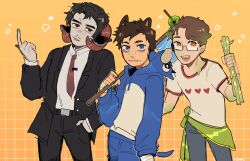 3boys animal_ears axe bamboo bandage_on_face bandaged_hand bandages beard_stubble belt black_hair black_jacket black_pants blue_eyes brown_hair collared_shirt colored_skin connoreatspants cosplay denim dream_smp dripping facial_hair formal_clothes glasses glatt gomiidd green_sash grey_skin grid hand_in_pocket heart hedgehog_boy highres holding holding_axe hood hood_down horns jacket jeans jschlatt kigurumi long_sleeves male_focus minecraft minecraft_axe minecraft_youtube monster_boy multiple_boys mustache mustache_stubble necktie open_clothes open_jacket open_mouth pants pointing red_eyes red_necktie sash sheep_boy sheep_ears sheep_horns shirt short_hair short_tail slime_(substance) slime_boy slimecicle smile sonic_(series) sonic_the_hedgehog sonic_the_hedgehog_(cosplay) star_(symbol) stubble suit tail waist_sash white_shirt