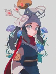 1girl akari_(pokemon) black_hair black_sash blue_flower closed_mouth eyelashes flower galaxy_expedition_team_survey_corps_uniform gen_4_pokemon grey_eyes grey_jacket hat headscarf highres jacket legendary_pokemon long_hair mikakami1e nintendo pokemon pokemon_(creature) pokemon_legends:_arceus ponytail red_scarf sash scarf shirt sidelocks uxie white_headscarf