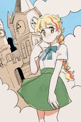 Rule 34 | 1girl, apple paradise, blonde hair, blue ribbon, blue sky, blush, braid, braided ponytail, building, clock, clock tower, closed mouth, cloud, commentary request, ezaki marian, feet out of frame, green skirt, hand up, highres, imay3927, index finger raised, long hair, looking at viewer, multicolored hair, neck ribbon, red hair, ribbon, school uniform, shirt, shirt tucked in, short sleeves, skirt, sky, smile, solo, standing, streaked hair, tower, white shirt, yellow eyes