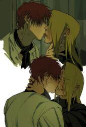 2boys after_kiss blonde_hair bruise deidara_(naruto) gaara_(naruto) hand_on_another&#039;s_neck highres injury kiss male_focus multiple_boys naruto naruto_(series) red_hair saliva umkaqryi yaoi