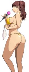 1girl ass bikini breasts brown_hair highres kujikawa_rise large_breasts lipstick makeup microphone open_mouth persona persona_4 shadow_rise sideboob smile solo stormfeder swimsuit thighs third-party_edit thong_bikini twintails yellow_bikini yellow_eyes