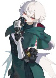 1girl absurdres albino breasts capelet corset dress green_capelet green_dress half-closed_eyes highres hood hood_down hooded_capelet long_hair looking_at_viewer original pale_skin prosthesis prosthetic_arm red_eyes small_breasts solo tongue tongue_out white_background white_hair yunimaru