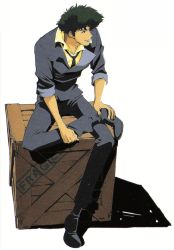 1boy box cowboy_bebop green_hair highres male_focus official_art on_box pants sitting sitting_on_box smile spike_spiegel