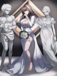 1girl absurdres arknights bouquet breasts brown_hair center_opening cleavage dress flower full_body garter_straps gomsang-oh grey_hair highres holding holding_bouquet large_breasts long_hair long_sleeves priestess_(arknights) solo standing statue white_dress white_flower