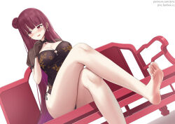 Rule 34 | 1girl, barefoot, blush, breasts, cleavage, crossed legs, feet, girls&#039; frontline, girls&#039; frontline 2: exilium, jmc5221, long hair, looking to the side, makiatto (girls&#039; frontline 2), open mouth, red eyes, red hair, side bun, sitting, soles, toes, wa2000 (girls&#039; frontline)