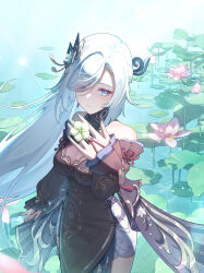 Rule 34 | 1girl, absurdres, bare shoulders, black dress, black sleeves, blue eyes, blue nails, breasts, cleavage, closed mouth, commentary request, day, detached sleeves, dress, fingernails, flower, genshin impact, hair ornament, hand up, highres, holding, holding flower, light smile, long hair, looking at viewer, medium breasts, nail polish, official alternate costume, outdoors, see-through cleavage, see-through clothes, shenhe (frostflower dew) (genshin impact), shenhe (genshin impact), shibajun, solo, very long hair, white flower, white hair