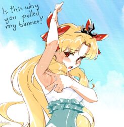 1girl arm_up armpit_focus armpits artist_name aseiusx bare_arms blonde_hair blush bow commentary english_commentary english_text ereshkigal_(fate) fate/grand_order fate_(series) hair_bow long_hair looking_at_viewer open_mouth red_bow red_eyes solo space_ereshkigal_(fate) space_ereshkigal_(first_ascension)_(fate) spread_armpit
