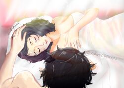 1boy 1girl amamiya_ren artist_name bed bed_sheet brown_hair closed_eyes head_pat jewelry kawakami_sadayo lips mature_female medium_hair nankodoujin persona persona_5 pillow ring sleeping smile twitter_username