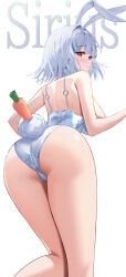 1girl absurdres akipopopopoon animal_ears ass azur_lane back bare_shoulders blush breasts carrot character_name chinese_clothes commentary fake_animal_ears fake_tail from_behind grey_hair hair_intakes highres large_breasts leotard looking_at_viewer looking_back official_alternate_costume rabbit_ears rabbit_tail red_eyes short_hair sirius_(azur_lane) sirius_(rabbit_of_paradise)_(azur_lane) solo strapless strapless_leotard tail thighs white_leotard
