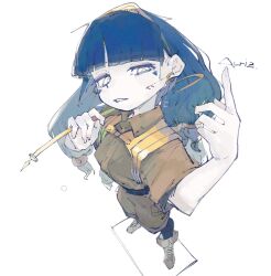 1girl 4qw5 black_thighhighs blunt_bangs boots bright_pupils brown_boots brown_shirt brown_shorts cane collared_shirt earrings fold-over_boots foreshortening full_body gold_hairband hairband highres holding holding_cane jewelry long_hair michigami_nareko open_mouth perspective pocket pointing pointing_up quad_tails shirt short_sleeves shorts solo standing thighhighs touhou very_long_hair white_background white_pupils wing_collar