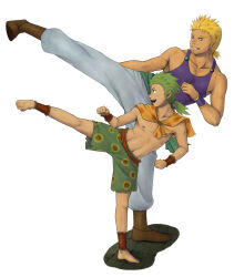 2boys ankle armlet baggy_pants barefoot belt blonde_hair facial_hair fighting_stance final_fantasy final_fantasy_vi full_body gau green_hair jewelry male_focus multiple_boys muscular muscular_male nipples one_leg_raised open_mouth pants sabin_rene_figaro sash shawl shoes smile spots stubble topless_male training white_background