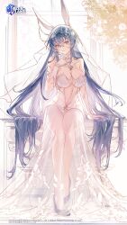 1girl absurdly_long_hair azur_lane bare_shoulders blue_hair blue_shoes breasts bridal_veil cleavage closed_mouth commentary dress english_commentary full_body gloves hair_between_eyes high_heels highres kei_(keiuu) large_breasts long_hair looking_at_viewer new_jersey_(azur_lane) new_jersey_(snow-white_ceremony)_(azur_lane) official_art shoes sitting smile solo veil very_long_hair wedding_dress white_dress white_gloves