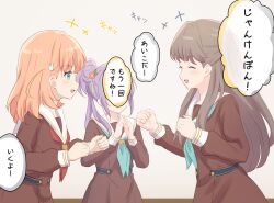 Rule 34 | +++, 3girls, ^ ^, aqua eyes, blush, brown hair, closed eyes, colored speech bubble, covered face, flower, fujishima megumi, hair bun, hair flower, hair ornament, hanazora satsuki, highres, hinoshita kaho, link! like! love live!, long hair, love live!, medium hair, multiple girls, orange hair, otomune kozue, own hands together, purple hair, rabbit hair ornament, red flower, rock paper scissors, shared speech bubble, side ponytail, single side bun, speech bubble, steepled fingers, translation request, two side up