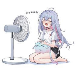 Rule 34 | 1girl, absurdres, ahoge, alternate costume, barefoot, black choker, black shorts, breasts, chiriri (kagura nana), choker, closed eyes, collarbone, colored inner hair, commentary, creature, dot nose, fang, full body, grey hair, highres, indie virtual youtuber, kagura nana, long hair, midriff peek, multicolored hair, open mouth, pink hair, seiza, shirt, shorts, sitting, small breasts, solo, teeth, tsukino (nakajimaseiki), upper teeth only, virtual youtuber, white background, white shirt