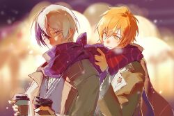 Rule 34 | 2boys, aoyagi touya, black vest, blonde hair, chinese commentary, closed mouth, commentary request, cup, disposable coffee cup, disposable cup, grey jacket, hair between eyes, highres, holding, holding cup, jacket, lapels, male focus, multicolored hair, multiple boys, notched lapels, open clothes, open jacket, orange hair, plaid clothes, plaid scarf, project sekai, purple scarf, scarf, scarf tying, shinonome akito, shirt, smile, soichi (soichicey), split-color hair, streaked hair, striped clothes, striped scarf, two-tone hair, vest, white shirt, yellow eyes
