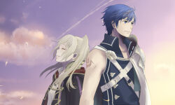 1boy 1girl armor bad_id bad_pixiv_id black_robe blue_eyes blue_hair blue_shirt brand_of_the_exalt chrom_(fire_emblem) closed_eyes closed_mouth cloud female_robin_(fire_emblem) fire_emblem fire_emblem_awakening hatsuyuki_kazura inactive_account long_hair nintendo purple_sky robe shirt short_hair shoulder_armor single_sleeve sky smile standing twintails white_hair