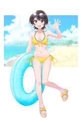 Rule 34 | 1girl, :d, absurdres, alternate costume, beach, bikini, black hair, blue bikini, blue eyes, blue nails, blue sky, breasts, closed mouth, cloud, commentary request, cumulonimbus cloud, day, emyu b, eyewear on head, feet, front-tie bikini top, front-tie top, full body, hand up, highres, holding, holding swim ring, hololive, innertube, layered bikini, looking at viewer, medium breasts, nail polish, oozora subaru, open mouth, outdoors, partial commentary, sandals, short hair, sky, smile, solo, standing, standing on one leg, straight-on, sunglasses, swept bangs, swim ring, swimsuit, toenail polish, toenails, toes, virtual youtuber, waving, yellow bikini