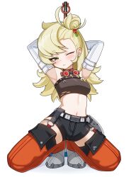 1girl absurdres armpits arms_behind_head arms_up black_shorts blonde_hair blush breasts commentary crop_top detached_pants detached_sleeves full_body gician_l goggles goggles_around_neck green_eyes hair_bun highres loli long_hair looking_at_viewer midriff navel o-ring one_eye_closed piper_wheel shoes short_shorts shorts simple_background small_breasts solo spread_legs squatting stomach strapless tiptoes tube_top white_background zenless_zone_zero