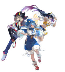 3girls bare_shoulders black_hair black_hoodie blue_eyes blue_hair blue_hoodie breasts capri_pants cosplay hair_between_eyes hair_over_shoulder high_heels hood hoodie jumping long_hair long_sleeves looking_at_viewer low_neckline medium_breasts midriff miniskirt multicolored_hair multiple_girls official_alternate_costume official_art pants phantasy_star phantasy_star_online_2 purple_hair red_eyes running sega shadow_the_hedgehog shadow_the_hedgehog_(cosplay) shorts sidelocks simple_background skirt smile sonic_the_hedgehog sonic_the_hedgehog_(cosplay) tight_clothes tight_pants two-tone_hair visor_cap white_background wristband yellow_skirt