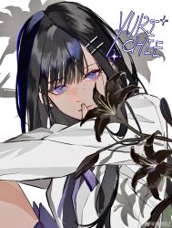 1girl absurdres black_flower black_hair black_shirt blazer blunt_bangs bow bowtie character_name chinese_commentary closed_mouth commentary_request elbow_on_knee expressionless eyelashes finger_to_mouth flower hair_between_eyes hair_ornament hairclip highres jacket knee_up lily_(flower) lipstick long_hair makeup miniskirt mole mole_under_eye multiple_moles open_clothes open_jacket original ouge_dz pink_lips pleated_skirt purple_bow purple_bowtie purple_eyes purple_skirt shadow shirt skirt solo sparkle straight_hair striped_bow striped_bowtie striped_clothes upper_body very_long_hair watermark weibo_watermark white_background white_jacket