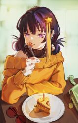 1girl absurdres bare_shoulders black_hair black_shirt blonde_hair cake cake_slice candle ear_piercing earrings eating elbows_on_table food food_on_face fork fruit hair_ornament hair_rings highres holding holding_fork jewelry long_sleeves looking_at_viewer multicolored_hair off-shoulder_sweater off_shoulder orange_sweater original piercing plate purple_eyes purple_hair shirt sleeveless solo star_(symbol) star_\(symbol\) star_hair_ornament strawberry strawberry_shortcake streaked_hair sunglasses sweater table upper_body yellow_sweater zyllypepper