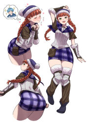 1girl :d alain_(unicorn_overlord) aqua_eyes blue_hair blush boots braid clenched_hands fumitan_(humitan) hat heart highres multiple_views open_mouth orange_hair pointy_ears simple_background skirt smile teeth twin_braids unicorn_overlord white_background yunifi_(unicorn_overlord)