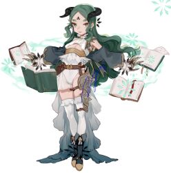 1girl :| belt book boots breasts brooch cleavage closed_mouth clothing_request detached_sleeves dress facial_mark floating floating_book floating_object full_body green_eyes green_hair hair_flowing_over horns jewelry long_hair looking_at_viewer original outstretched_arms sidelocks simple_background skeletal_hand solo thigh_belt thigh_strap thighhighs wavy_hair white_thighhighs yoimon zettai_ryouiki