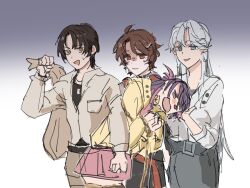 4girls blue_eyes bound bound_arms brown_eyes brown_hair chain commentary eleanor_si english_commentary gradient_background grey_hair highres holding holding_sack iris_wen jacket kidnapping long_hair love_curse:_find_your_soulmate multiple_girls nyx_xia open_mouth pink_skirt purple_hair red_eyes sack selene_yan short_hair skirt smile the_quipper very_long_hair yellow_jacket