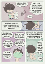 Rule 34 | 1boy, bare back, bare legs, black hair, commentary, denim, denim shorts, english commentary, english text, floating, garabato, green shirt, male focus, navel, nipples, nude, original, shirt, shorts, simple background, socks, solo, speech bubble, undressing