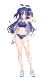 1girl absurdres alternate_costume armpits bare_shoulders blue_archive bottle closed_mouth foka_(beginner) full_body grey_shoes halo highres holding holding_bottle long_hair looking_at_viewer navel purple_eyes purple_hair shoes simple_background smile socks standing stomach sweat thighs two_side_up white_background white_socks yuuka_(blue_archive)