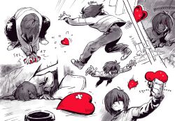 1other angry clenched_teeth clothes_hanger crawling creepy_eyes crossed_bandaids deltarune english_text evil_smile fangs flying_sweatdrops glaring glowing glowing_eyes hair_over_one_eye heart highres hockey_puck hockey_stick hunched_over jumping kris_(deltarune) medium_hair meltsmelts multiple_views nail_polish open_mouth other_focus partially_colored peeking_out pillow pouncing red_eyes shaded_face shoes smile sneakers soul_(deltarune) squeezing sweatdrop sweater teeth trembling under_bed