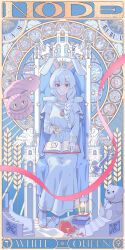 1girl absurdres alice_(black_souls) analog_clock animal_ears bell bell_tower belt belt_buckle black_bow black_flower black_panties black_rose black_souls black_souls_2 blue_belt book book_on_lap book_stack boots bow braid braided_ponytail breasts buckle candle cape card_(medium) caterpillar character_name cheshire_cat_(black_souls) chess_piece chxulozsx clock clock_necklace closed_mouth constellation crescent door dress floating_crown floppy_ears flower full_body fur-trimmed_cape fur_trim ghost_tail gold_trim grimm_(black_souls) grin hair_intakes hair_over_shoulder hand_on_book hexagram highres holding_stopwatch jitome lace-up_boots lion lizard long_dress long_hair long_sleeves looking_at_viewer margaret_von_tyrol_(black_souls) medium_breasts node_(black_souls) open_book open_door panties pink_cat polar_bear_(black_souls) queen_(chess) rabbit rabbit_ears rabbit_girl railing red_bow red_eyes red_hood_(black_souls) red_ribbon ribbon roman_numeral rose sidelocks sitting sitting_on_throne sleeves_past_wrists smile spoilers stained_glass stairs star_(symbol) statue stopwatch stopwatch_around_neck straight-on stuffed_animal stuffed_toy tarot tarot_(medium) teddy_bear the_empress_(tarot) throne tower underwear unicorn venus_symbol walrus watch wheat white_boots white_cape white_dress white_hair