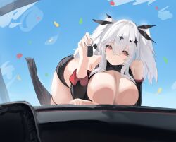 1girl absurdres against_glass against_vehicle azur_lane bare_shoulders black_footwear black_shorts blue_sky boots breast_press breasts breasts_on_glass car_interior car_keys cleavage closed_mouth confetti detached_sleeves feet_up hair_intakes hair_ornament high_heel_boots high_heels highres holding holding_key joffre_(azur_lane) joffre_(blessings&#039;_first_flight)_(azur_lane) key large_breasts leather_shorts leather_vest looking_at_viewer lump_saury medium_hair messy_hair micro_shorts race_queen red_eyes shorts sky thighs top-down_bottom-up twintails white_hair