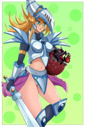 1girl aqua_eyes armor blonde_hair breastplate circle dark_magician_girl_the_dragon_knight dragon duel_monster feet_out_of_frame green_background highres holding holding_sword holding_weapon long_hair midriff navel panties red-eyes_black_dragon solo spiral sword underwear weapon white_panties yone-chan_(kuwm5222) yu-gi-oh! yu-gi-oh!_duel_monsters