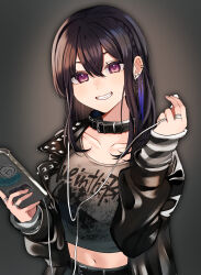 1girl absurdres alternate_costume arisyooon arm_warmers black_collar black_jacket black_shirt braid collar collarbone double-parted_bangs ear_chain earphones earrings grin hair_between_eyes highres holding holding_phone ichinose_uruha jacket jewelry leather leather_jacket linked_piercing long_hair looking_at_viewer lupinus_virtual_games midriff multicolored_hair multiple_rings navel phone piercing purple_eyes ring shirt smile solo spiked_ear_piercing streaked_hair striped_arm_warmers upper_body virtual_youtuber vspo!