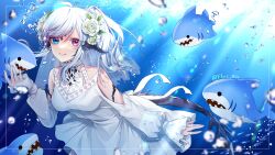 1girl absurdres au_ra bare_shoulders blue_eyes breasts clothing_cutout commission dragon_girl dragon_horns dragon_tail dress final_fantasy final_fantasy_xiv fliz_ts flower hair_flower hair_ornament heterochromia highres horns looking_at_viewer multicolored_hair red_eyes red_hair scales shark shoulder_cutout side_ponytail skeb_commission streaked_hair tail the_major-general_(ff14) warrior_of_light_(ff14) white_dress white_hair