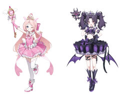 2girls absurdres bat_wings black_hair blue_eyes boots bow bowtie commentary_request covered_navel dress frilled_dress frills gloves goeleu hair_ornament highres holding holding_staff long_hair magical_girl mascot multiple_girls navel original pink_bow pink_bowtie pink_gloves pink_hair purple_bow purple_bowtie red_eyes shoes short_hair simple_background smile solo staff thighhighs twintails white_background white_thighhighs wings