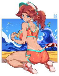 1girl 604yue ass bikini bikini_tug blue_eyes breasts brown_hair clothes_pull crop_top earrings flower_earrings hat highres jewelry long_hair looking_at_viewer mario_(series) mario_kart mario_kart_world nintendo official_alternate_costume open_mouth orange_sports_bra ponytail princess_daisy princess_daisy_(swimwear)_(mario_kart_world) shoes shorts smile solo sports_bra sweat swimsuit teeth wet white_hat yellow_bikini yellow_shorts yellow_sports_bra