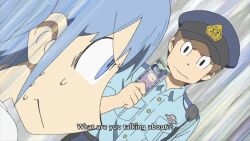 2girls 4boys afro aioi_yuuko angry animated anime_screenshot bag blue_hair covering_face glasses goat highres multiple_boys multiple_girls naganohara_mio nichijou outdoors police pornography sasahara_koujirou screaming shaded_face short_hair sound tagme turn_pale twintails video