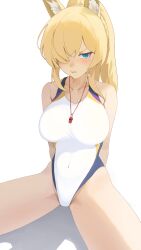1girl absurdres animal_ear_fluff animal_ears blonde_hair blue_archive blue_eyes blue_halo breasts competition_swimsuit covered_navel dog_ears dog_girl extra_ears hair_over_one_eye halo highleg highleg_one-piece_swimsuit highres kanna_(blue_archive) kanna_(swimsuit)_(blue_archive) large_breasts long_hair looking_at_viewer niel_(nielx3010) notched_ear official_alternate_costume one-piece_swimsuit ponytail simple_background sitting solo swimsuit white_background white_one-piece_swimsuit