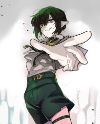 Rule 34 | 1boy, black bow, black bowtie, black hair, black shorts, bow, bowtie, collared shirt, commentary request, cowboy shot, datenshi no fu, despair god morroc, grin, hair between eyes, hair over one eye, highres, long bangs, looking at viewer, male focus, pointy ears, ragnarok masters, ragnarok online, reaching, reaching towards viewer, shirt, shirt tucked in, short hair, shorts, smile, solo, thigh strap, white shirt, yellow eyes